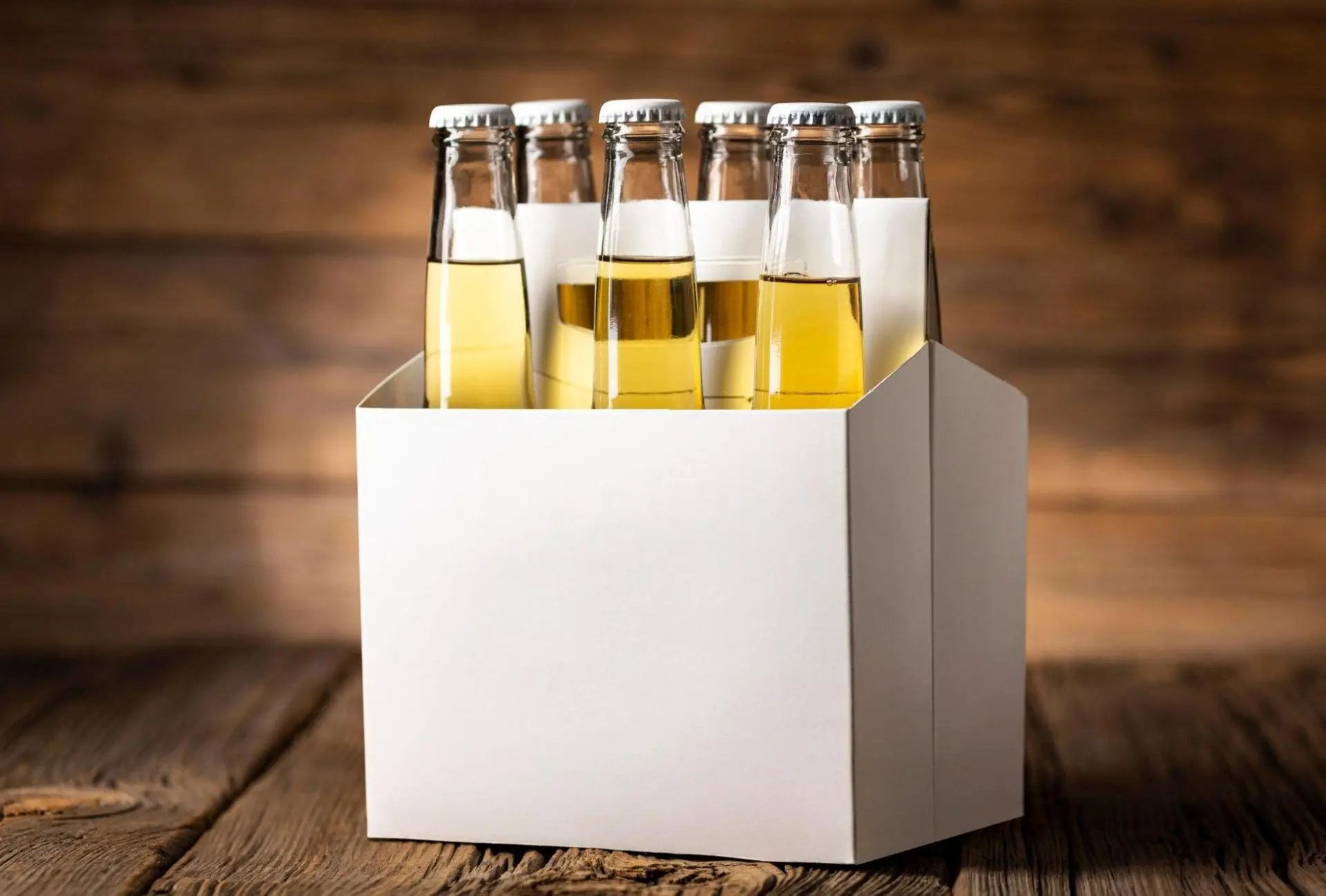 A pack of beer in sustainable glass bottles.